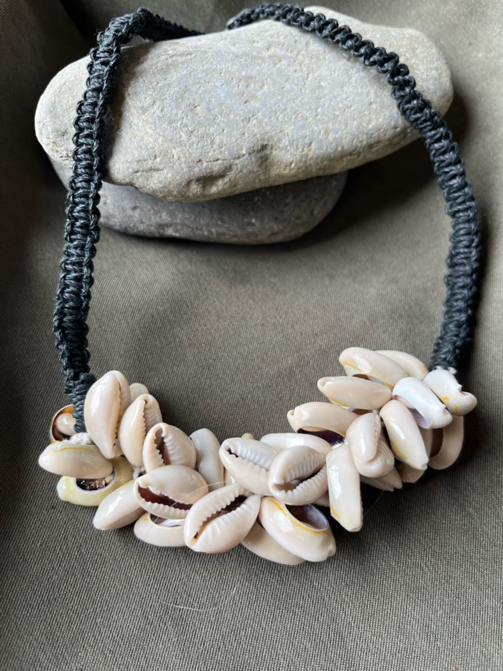 Cowrie Shell Cluster Necklace in Cream on Black Cord